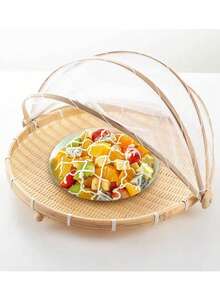 1 pieza Carpa de servicio de alimentos tejida, Bandeja de frutas Cubierta antiinsectos para exteriores de cesta tejida de bambú, Herramienta de almacenamiento a prueba de polvo para picnic - La verdadera naturaleza del bambú - Ver 2