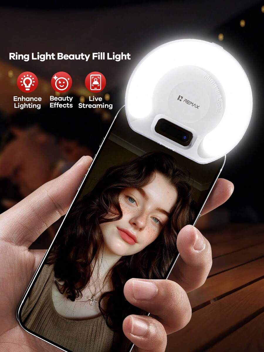 REMAX Unobstructed Camera Selfie Fill Light, Mini Clip-On Ring Light, 3 Colors 9 Brightness Levels, Portable For Smartphone/Computer/Tablet