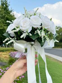 Bridal Wedding Bouquet With Heart-Shaped Diamond Ribbon Decor, Artificial Rose Flowers, Suitable For Destination Wedding Ceremony, Anniversary, Valentine's Day Decoration - Multicolor - View 4