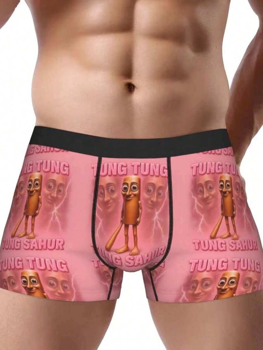 BIIHUDU Men's Boxer Briefs With Playful Tung Tung Sahur Italian Brainrot Graphic Print - Mid-Stretch Comfort Fit, Vibrant Pink Novelty Underwear For Casual Wear, Whimsical Design, Durable Construction, Leisure Wear, Fun Undergarments, Soft Material, Stylish Undergarments, Young Adults - 彩色 - 查看 1
