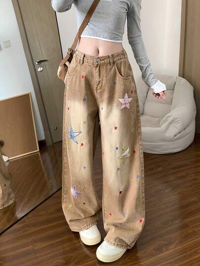 星形贴花宽松直筒牛仔裤，女士款，百搭显瘦