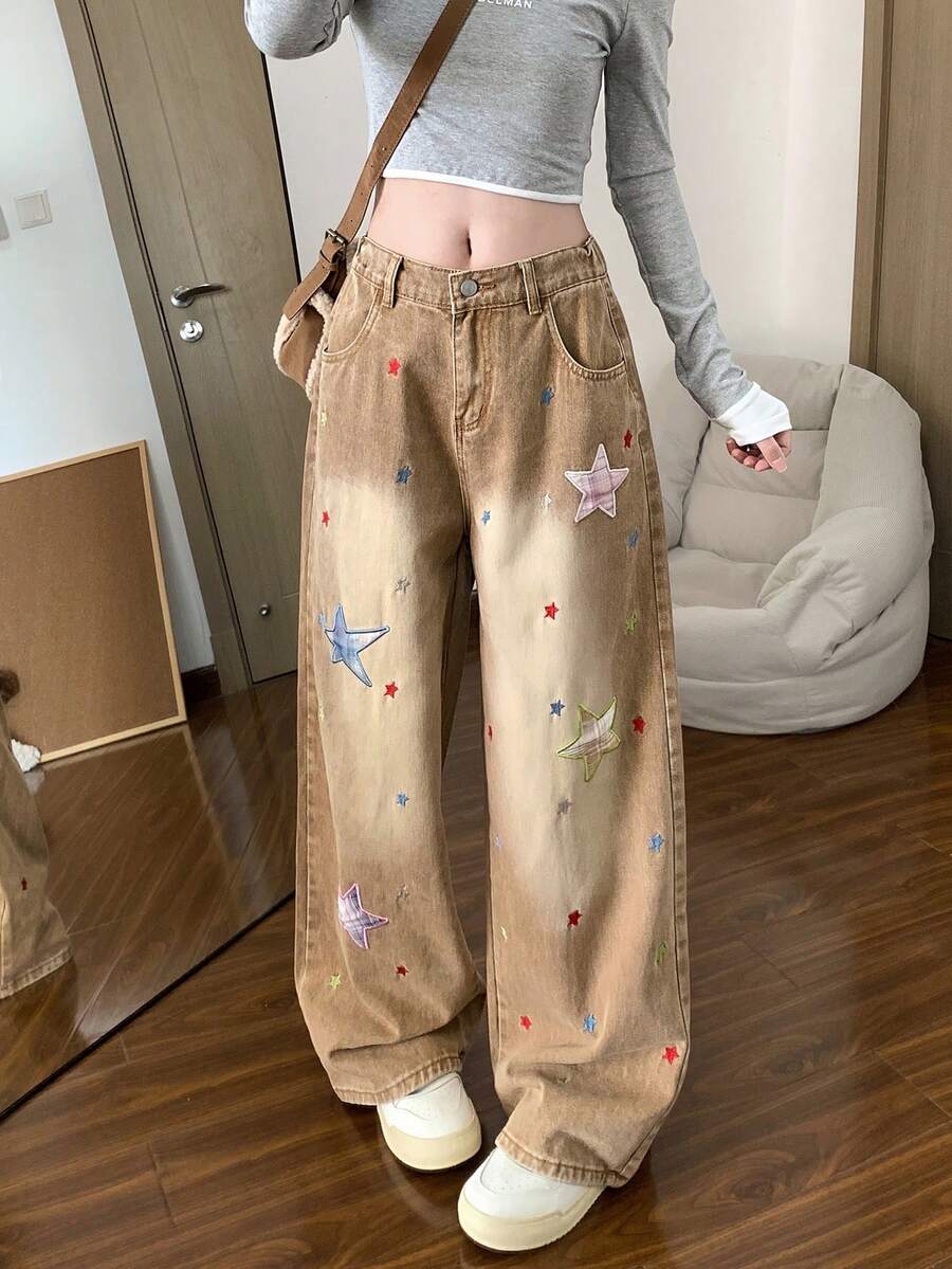 星形贴花宽松直筒牛仔裤，女士款，百搭显瘦 - 摩卡棕 - 查看 1