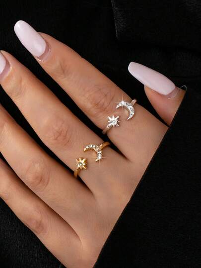 1 pieza Anillo dorado/plateado de mujer con decoración de strass con diseño de estrella y luna, elegante y lujoso, adecuado para uso diario, Ramadán, parejas, regalos