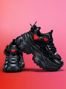 7厘米增高女式时尚休闲厚底运动鞋，配有可拆卸3D爱心装饰，户外运动EVA厚底系带鞋，轻便柔软减震防滑夏季透气网面凉鞋，圆头休闲日常鞋，适合大学生、青少年、上班族、约会等场合穿着。 - 黑色 - 查看 15