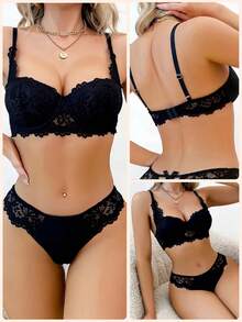 1 Set Women's Black Sexy Lingerie Set, Elegant Lace Breathable Non-Sagging Bra Set, Comfortable Bra Set - Black - View 7