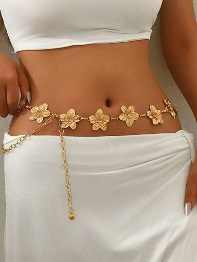 1pc Vintage Fashionable Personalized Metal Flower Waist Chain, Bohemian High-End Versatile Dress Chain Waist Belt, Suitable For Women In Any Occasion