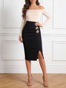 EARO Vintage French Style Women Casual Comfortable Daily Versatile Metal Flower Decor Pleated Front Slit A-Line Skirt, High Cinched Waist Elastic Waist Fashionable Loose OL Professional Bodycon Skirt, Spring Autumn - Black - View 3