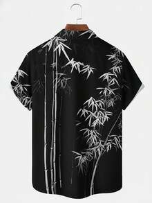 男士輕量寬鬆短袖襯衫，夏威夷竹葉印花 - 黑色 - 查看 3