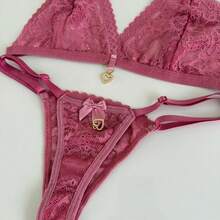 Sexy Backless Thong Set With Pendant Detail - 乾枯玫瑰色 - 查看 3