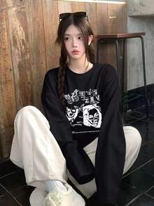 复古美式肖像字母印花T恤，甜美休闲长袖女式T恤，秋季黑色春季款 - 黑色 - 查看 5
