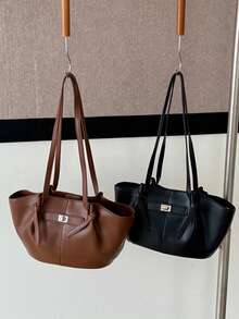 时尚大容量梯形设计奢华PU皮革女士单肩包，设计师款别致锁扣手提包，高品质腋下包 - 黑色 - 查看 8