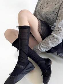 1 Pair Women's Sheer Knit White Slouchy Socks - Lace Trim Tie-Up Loose Leg Warmers, Y2K Aesthetic Knee-High Socks, Suitable For Daily Dates And Street Outfits, Pair Perfectly With Mary Jane Shoes - Multicolor - View 13