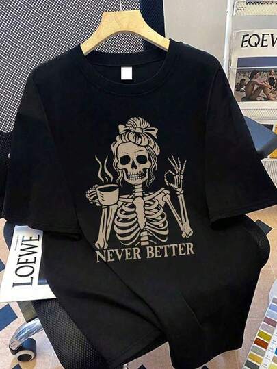 Plus Size Women Skull Graphic Short Sleeve T-Shirt, Suitable For Summer Vacation, New Year, Valentine's Day, Mother's Day Gifts