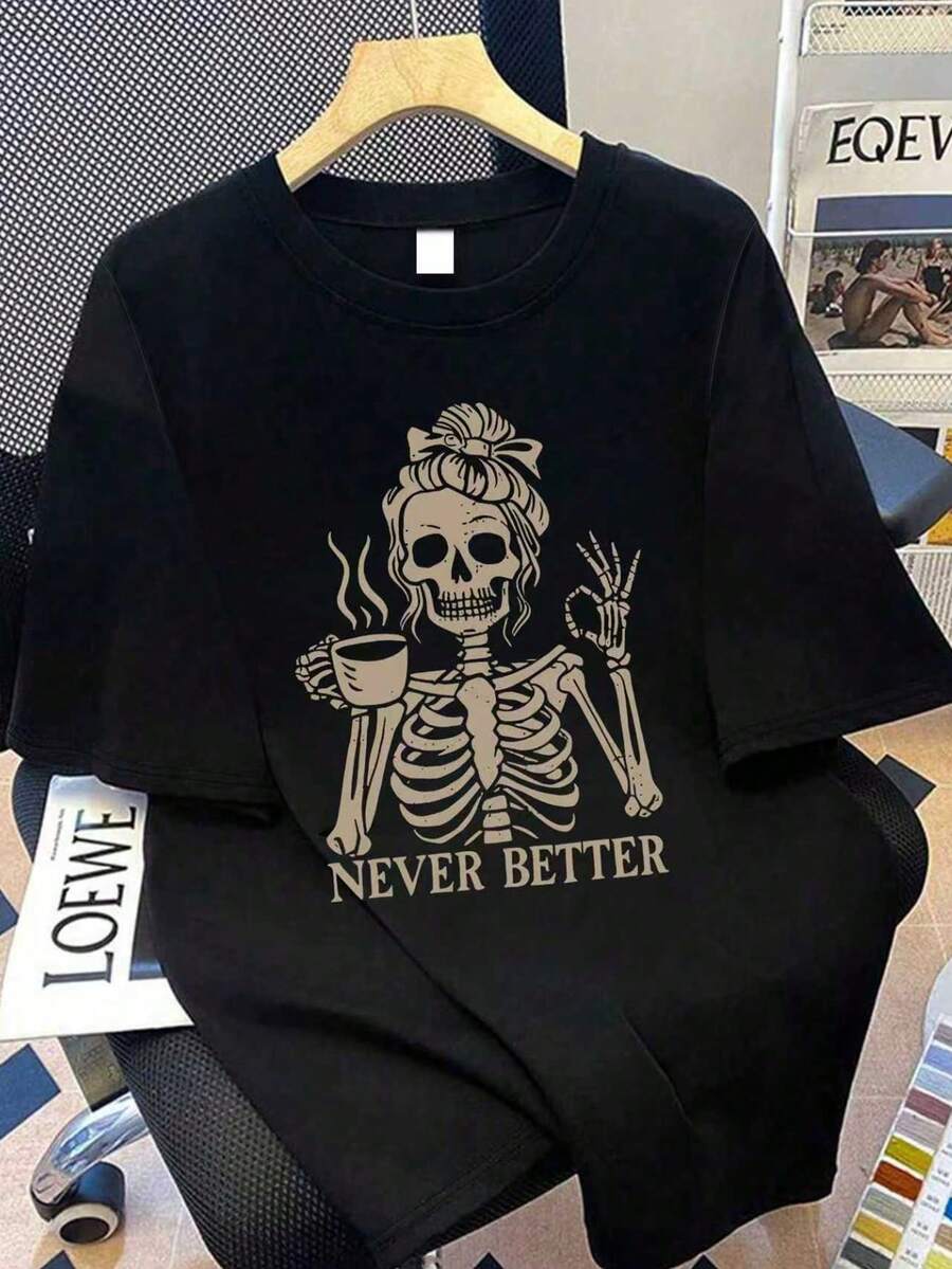 Plus Size Women's Skull Graphic Short Sleeve T-Shirt, Suitable For Summer Vacation, New Year Gift, Valentine's Day Gift, Mother's Day Gift. Suitable For Summer Holiday, Beach, Vacation, Spring, Valentine's Day, Carnivals. Casual Summer Top, Spring Top - Black - View 1