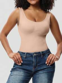 女士无缝塑身连体衣，包含一件塑身背心和一条塑身裤 - 杏色 - 查看 7