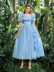 Faeriesty Elegant Prom Dresses Charming Ruffle Trim Square Collar Puff Sleeves Organza Homecoming Party Dress Ideal For Back To School, Holiday Gathering, Evening Dance & Cocktail Events - Baby Blue - View 5