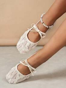 Fall/Winter White Women's Flat Ballet Shoes With Bow Decor & Floral Embroidery, Black Breathable Hollow Mesh Summer Sandals, Square Toe Glitter Wide Fit Mary Jane Shoes - trắng - Xem 2