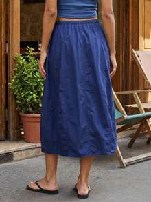 Falda midi cargo para mujer, estilo casual y moderno, color liso, cómoda, con cordón ajustable. - Azul - Ver 3