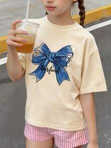 Girls' Clothing, Children's Wear, Hand-Painted Cherry Blossom & Bow Pattern T-Shirt - Casual Loose Sporty Short Sleeve Crew Neck Girls' Tee - Perfect Summer Gift, Suitable For Spring/Summer School And Outdoor Wear - Apricot - View 8