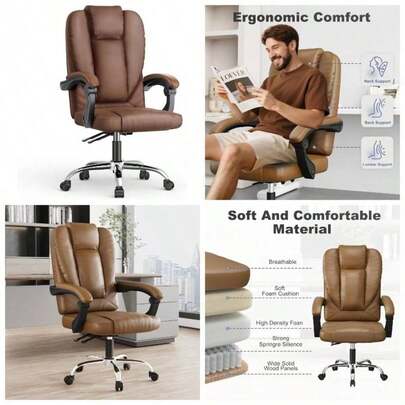 Executive Office Desk Chair With Springs/Armrests, Comfy Big Tall PU Leather Computer Work Chair, Heavy Duty Legged Study Chairs, High Back Home Office Swivel Brown Chair