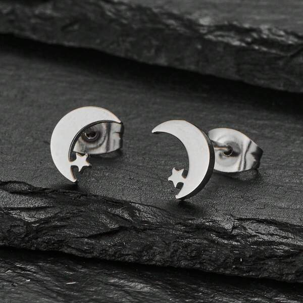 1 Pair Ear Studs Featuring The Theme Of The Moon And Stars. The Moon And Stars Are The Core Elements. These Minimalist Jewelry Pieces Inspired By The Night Sky, Suitable For Daily Wear.