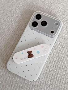1pc Minimalist Star Polka Dot Phone Case With Cute Bear Stand - Compatible With 11/12/13/14/15/16 Pro/17 Pro Max, Valentine's Day Gift - White - View 1