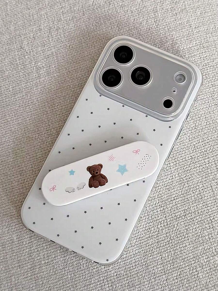 1pc Minimalist Star Polka Dot Phone Case With Cute Bear Stand - Compatible With 11/12/13/14/15/16 Pro/17 Pro Max, Valentine's Day Gift - White - View 1