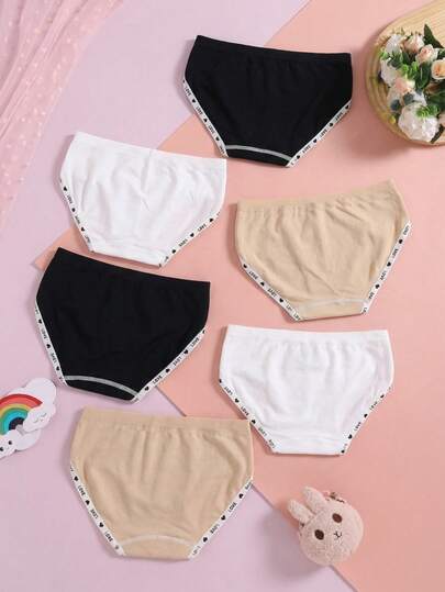 6pcs Girls' Simple Casual Fashion Heart & Letter Contrast Color Trim Basic Triangle Panties, Seamless Soft Comfortable Breathable Sports Underwear, Suitable For Students' Daily Wear
