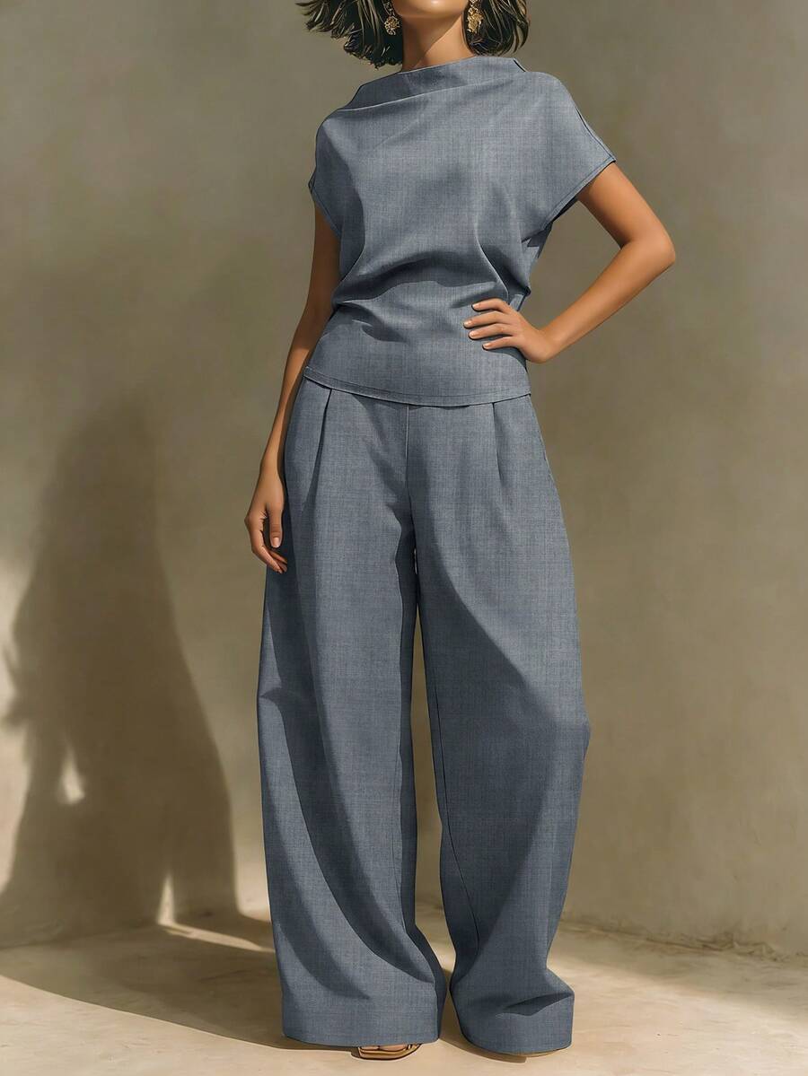 HUTENER 大码女装两件套，不对称短袖上衣+宽松阔腿裤，通勤、工作、休闲百搭夏季优雅套装 - 灰色 - 查看 1