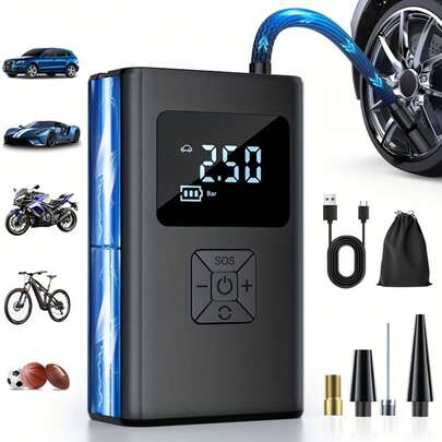 Inflador de neumáticos portátil, máquina de inflado rápido de neumáticos. Equipado con un manómetro digital, iluminación LED, bomba de aire duradera y multifuncional, pantalla digital inalámbrica, inflado rápido, incluye adiciones de boquilla