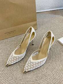 Women's Pointed Toe Glamorous Fashion Mesh Breathable Sexy Party Wedding Versatile Rhinestone Pumps - Beige - View 3