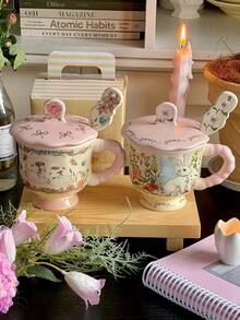 1 pièce Tasse en céramique avec couvercle et cuillère, décorée à la main avec un cygne, un lapin et une fée. Tasse à café latte artistique de style vintage français avec couvercle et cuillère. Tasse à avoine rétro pour le petit-déjeuner. Cadeau de haute qualité pour les amis et les amoureux. Convient pour les restaurants, les salons et les cafés. - Multicolore - Voir 11