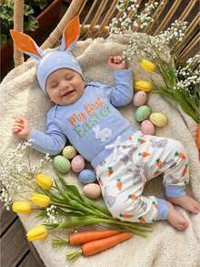 My First Easter Baby Boy Clothes 3 Pieces Newborn Infant Spring Outfit Long Sleeve Bunny Romper And Carrot Pants Set - Blue - View 1