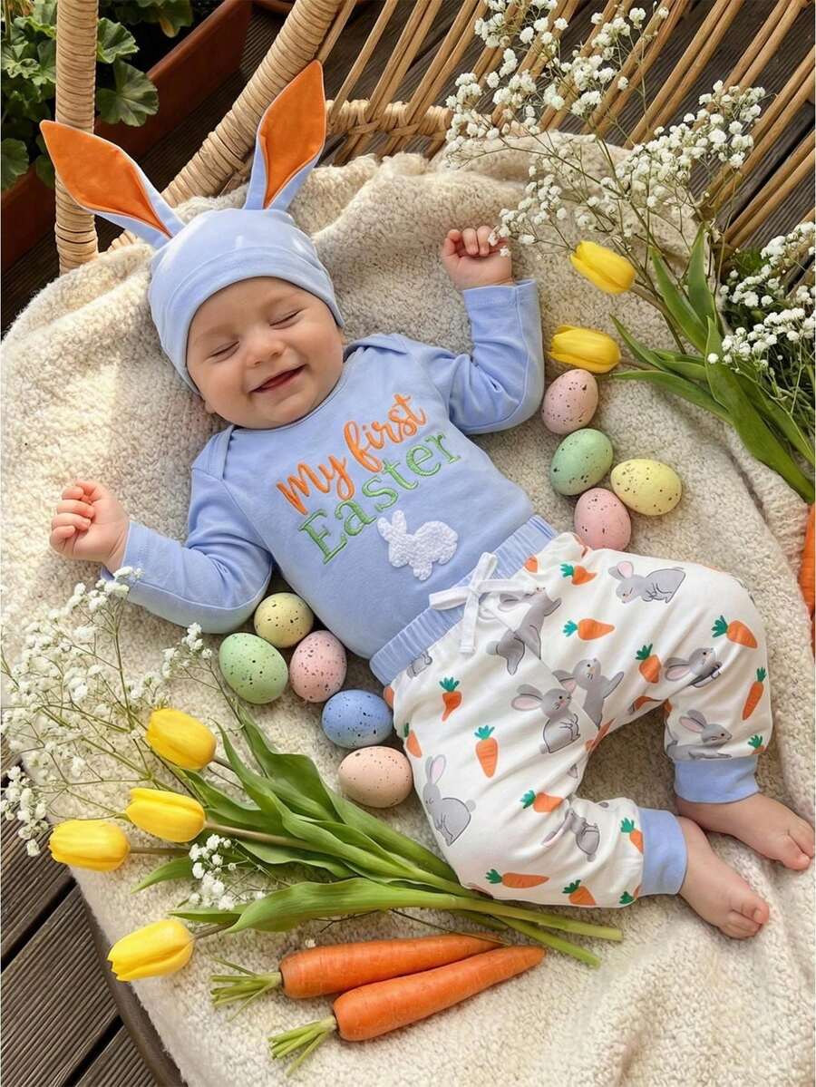 My First Easter Baby Boy Clothes 3 Pieces Newborn Infant Spring Outfit Long Sleeve Bunny Romper And Carrot Pants Set - Blue - View 1