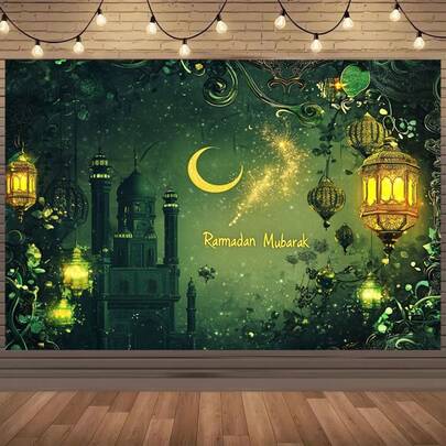 1pc Eid Mubarak Backdrop - No Electricity Needed, Starry Sky & Crescent Lantern Design, Durable Polyester Fabric, Suitable For Eid Decoration, Weddings, Parties, Available In Multiple Sizes, Eid Celebration Accessory, Elegant Typography Design, Multipurpose Decor