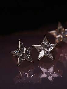 1对S925纯银简约立方氧化锆五角星耳钉，女士清新甜美优雅日常通勤百搭星形耳环礼品 - 星星 - 查看 4