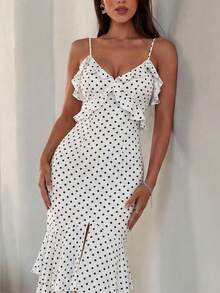 Elegant White Polka Dot Spaghetti Strap Deep V Dress With Chest Ruffle Accents, Fitted Waist, Open Back, Fishtail Silhouette & Layered Ruffles – Elegant Sweet Style Ideal For Parties, Wedding Guest Dress, Date Nights, City Strolls, Vacations, Casual Going Out, Plain Spring Summer Outfits - White - View 7