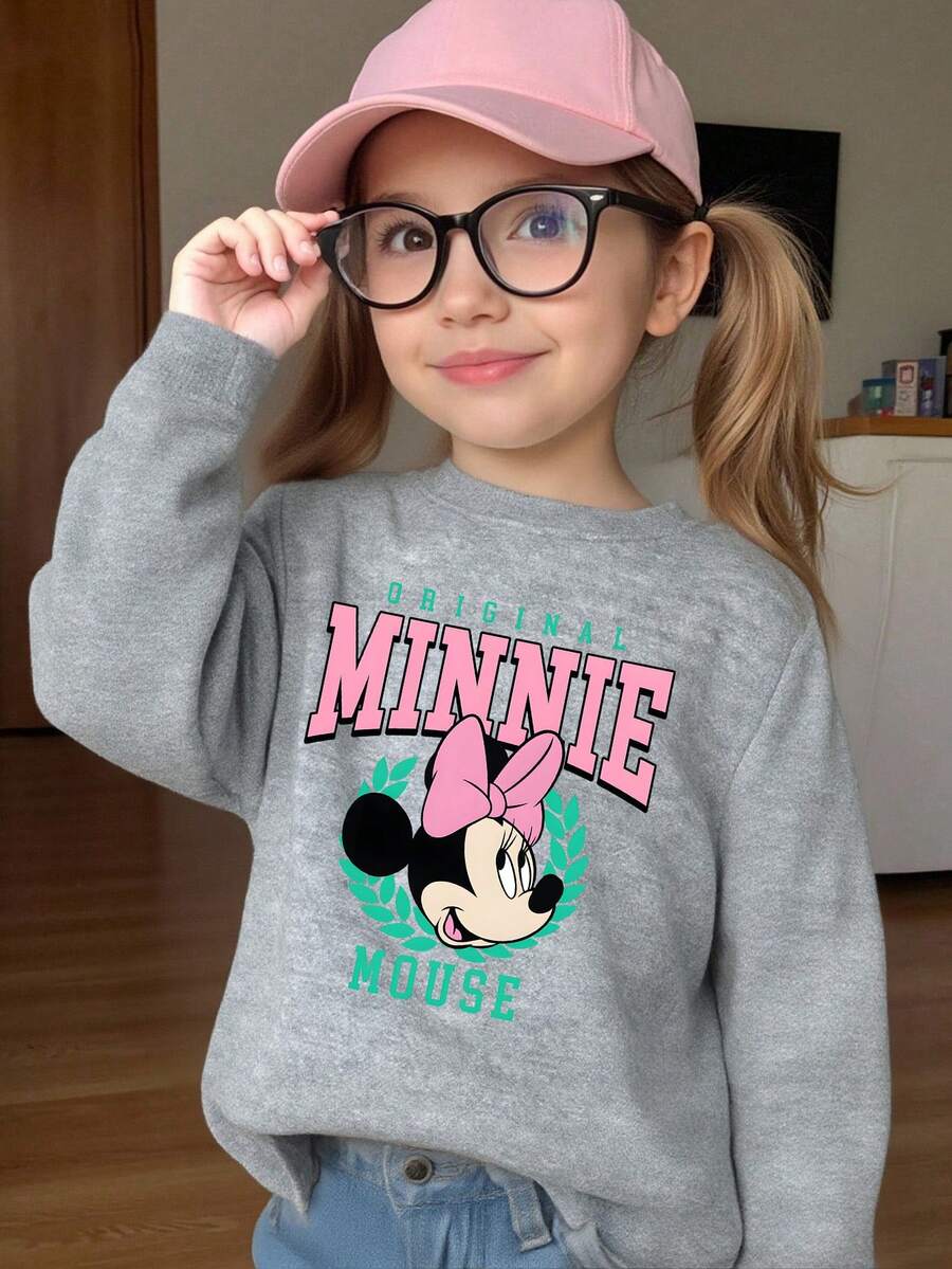 1pc Disney Minnie Mouse Vintage Original Logo Graphic Tween Girls Cozy Sweatshirt, Comfortable & Low-Maintenance, Great For Casual Hangouts & Errands - Xám - Xem 1