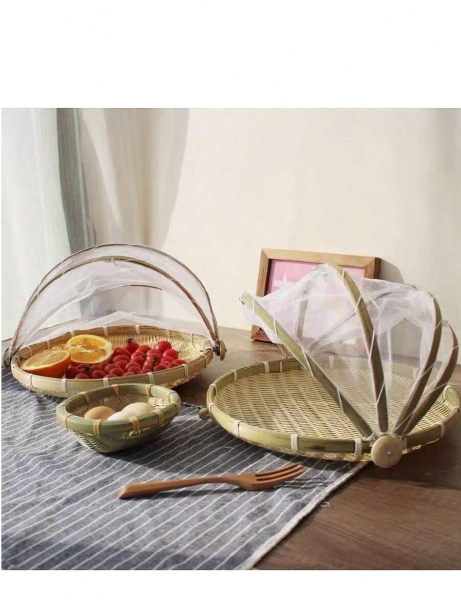 1 pieza Carpa de servicio de alimentos tejida, Bandeja de frutas Cubierta antiinsectos para exteriores de cesta tejida de bambú, Herramienta de almacenamiento a prueba de polvo para picnic - La verdadera naturaleza del bambú - Ver 1