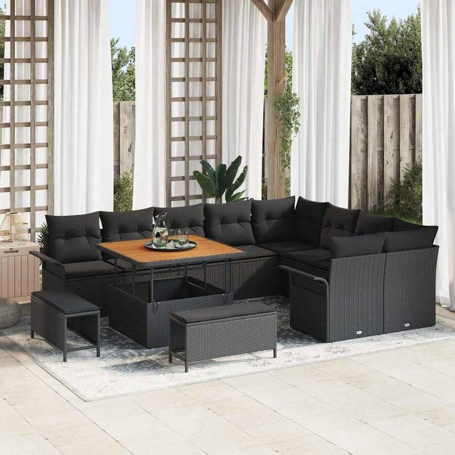vidaXL 12-Teiliges Garten-Sofa-Set Mit Kissen, Schwarz - Black - View 1
