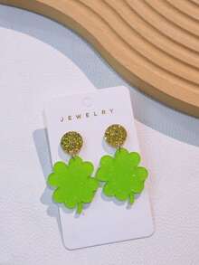 一对亚克力圣帕特里克节绿色和金色三叶草闪光耳钉，可爱派对礼物（女士款） - 彩色 - 查看 5