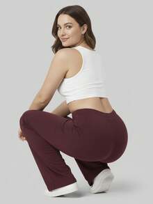 Women's Wide-Leg Sweatpants, High Waist, Faux Drawstring, Wide Waistband, Flare Leg, Comfortable Summer Style - Màu Đỏ Sâu - Xem 6