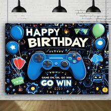 1件游戏主题生日派对背景横幅，涤纶材质，蓝色游戏手柄和气球图案 - A - 查看 3