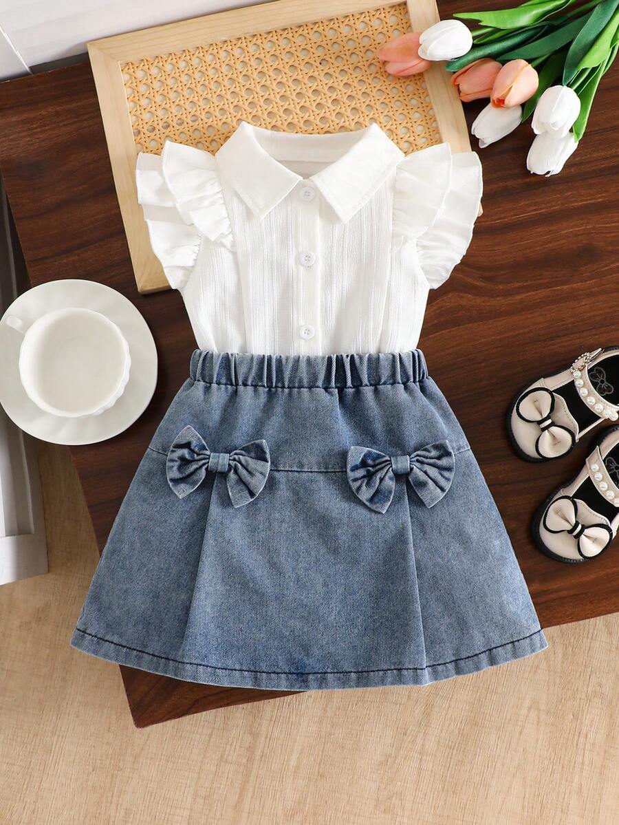2pcs/Set Baby Girls' Spring/Summer Outfit, Full-Open Vertical Striped Jacquard Texture Ruffle Trim Cap Sleeve Shirt, Denim Skirt, Comfortable Elastic Waist, Bow Decor, Versatile Fashion, Suitable For Kindergarten, Student Back To School Uniform