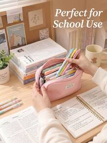 1pc Large Capacity Bear Canvas Pencil Case, Multi-Function Organizer Pouch, Compartment Stationery Bag, Suitable For Back To School - Single Piece - View 4