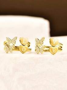 GAGAFEEL 1pc S925 Sterling Silver Cubic Zirconia Butterfly Heart Shaped Open Ring, Forever With You, Women's Birthday Party Gift - Gold - View 6