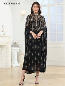 Luxury Women's Royal Black & Gold High Collar Sequin Embroidered Arabic Abaya Cloak Dress, Suitable For Parties, Weddings, Family Gatherings - Black - View 6
