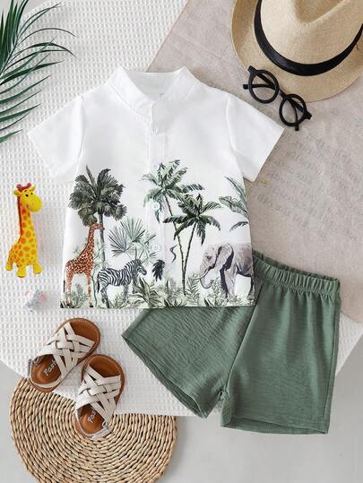 2pcs Baby Boys Summer Outfit: Jungle Palm Tree Animal Print Single-Breasted Short Sleeve Shirt + Solid Color Breathable Casual Shorts Set