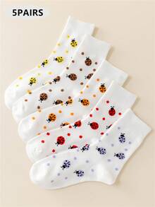 5 Pairs Women's Cute Ladybug Polka Dot Series Back To School Suitable For Daily Use Mid-Calf & Ankle Socks - White - View 11