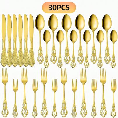 20/30pcs Luxury Gold Cutlery Set, Stainless Steel Knife, Fork, Spoon 6pcs Set Including Dinner Knife, Dinner Fork, Salad Fork, Dinner Spoon, Dessert Spoon, Reusable Tableware Set, Mirror Polished, Suitable For Home, Kitchen, Restaurant, Hotel, Party, Wedding, Housewarming, Holiday Celebration, Kitchen Utensils, Dining Tableware, Kitchen Accessories, Great Gift, Daily Cutlery Set